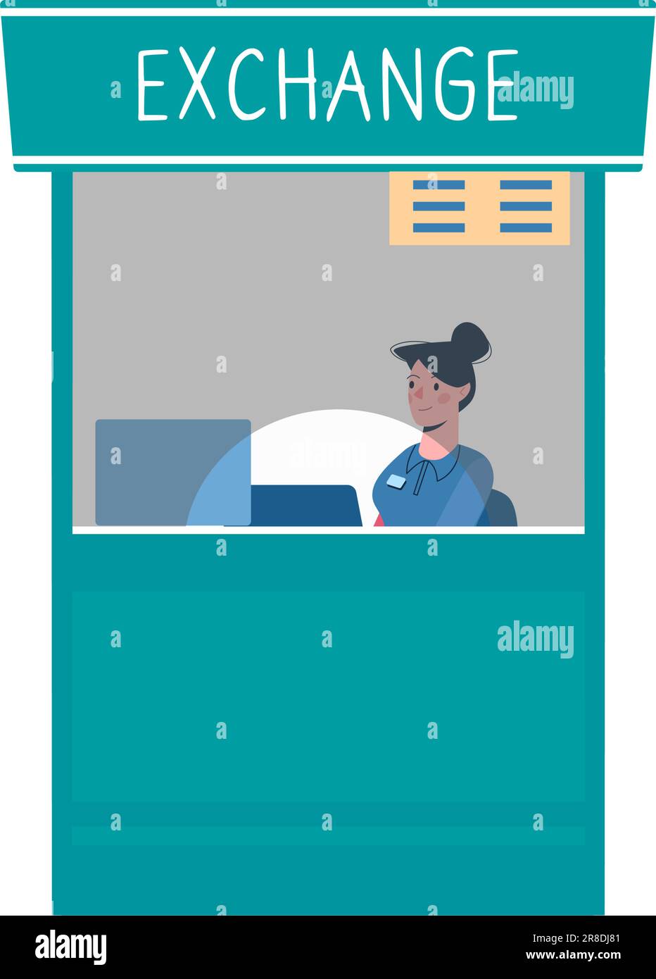 Currency exchange point. Cashier girl helps change money. Bank