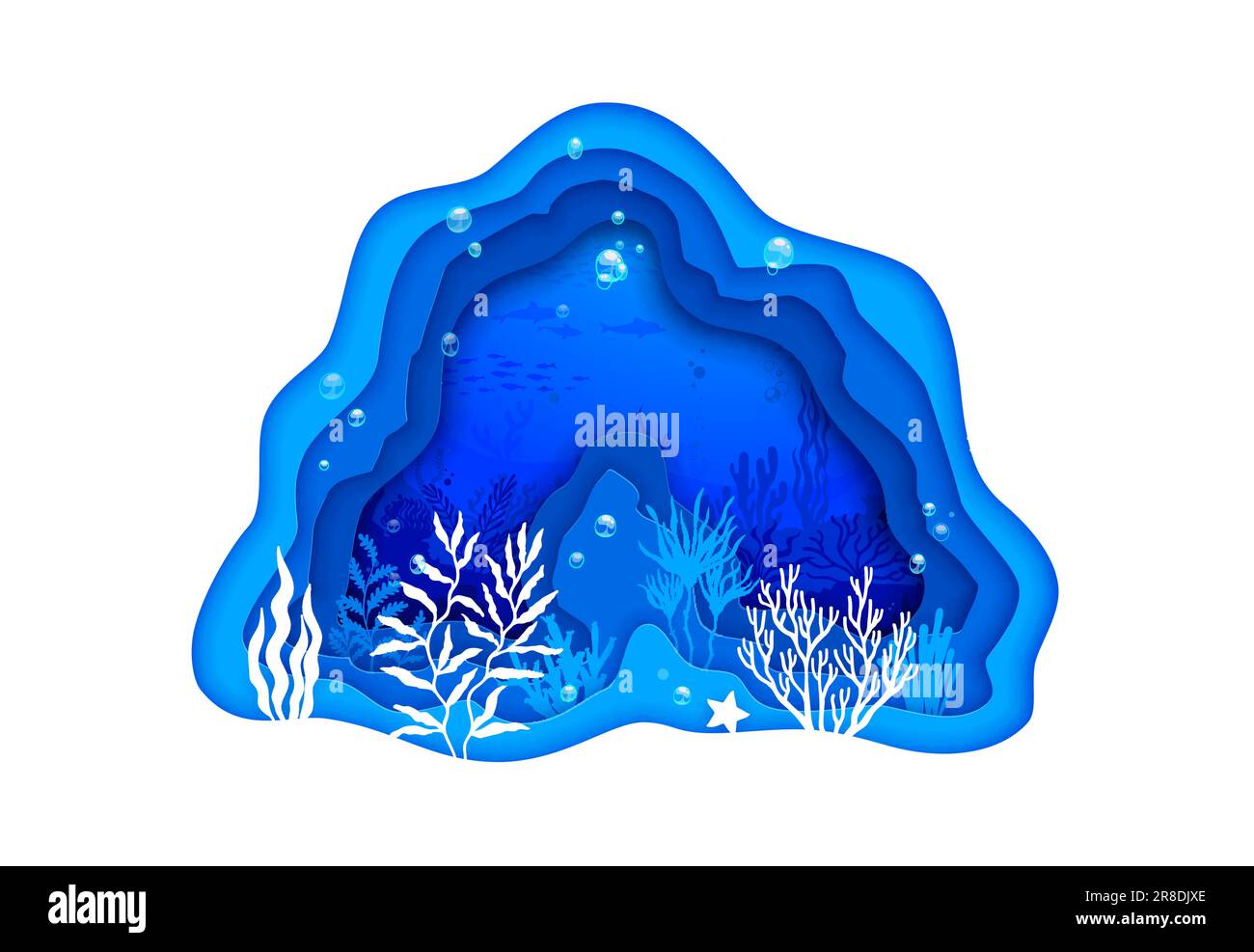 Cartoon sea paper cut underwater landscape. Aquatic bottom, underwater deep life or sea environment papercut vector concept. Sea nature 3d background with seaweed and algae on ocean bottom silhouette Stock Vector