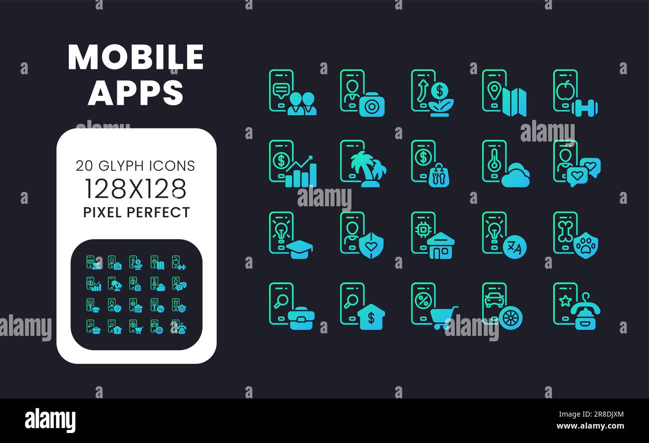 Mobile apps blue solid gradient desktop icons Stock Vector