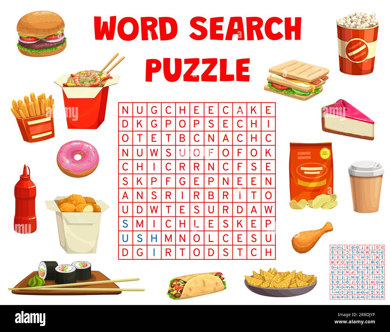 Fast food snacks word search puzzle or game worksheet, vector word quiz