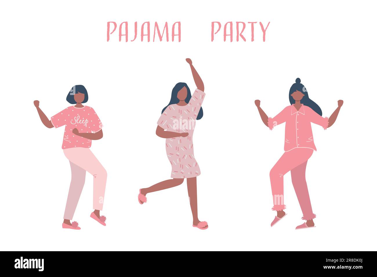 Pajama party. Three young women in pink pajamas are dancing. Slumber ...