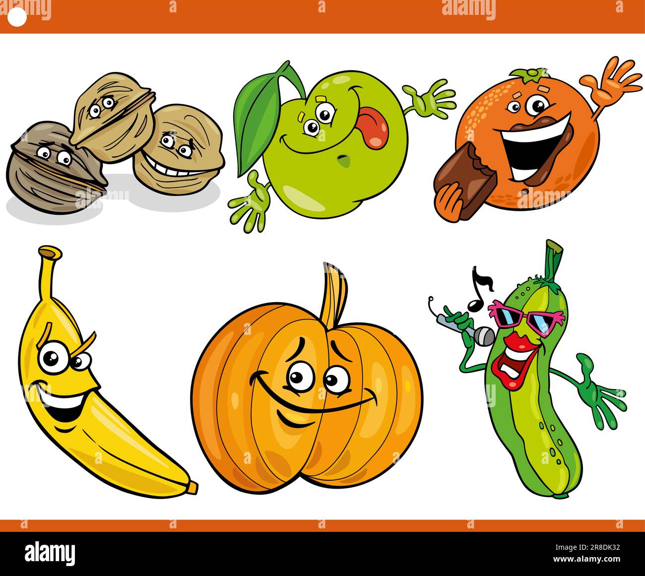 Cartoon illustration of funny fruit and vegetables food objects
