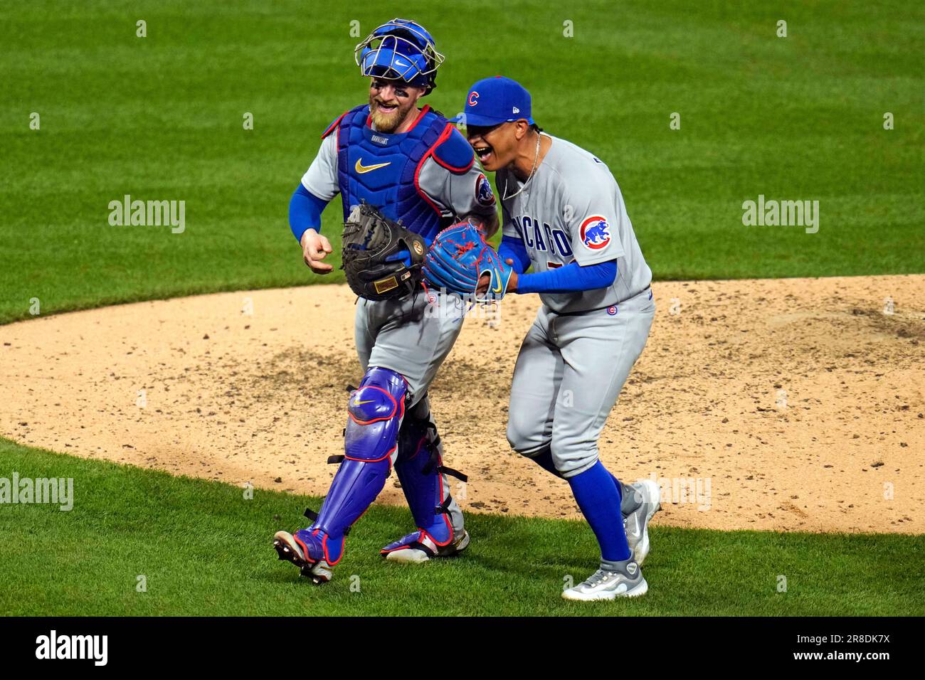 Chicago Cubs relief pitcher Adbert Alzolay, right, and catcher Tucker  Barnhart celebrate the team's win over the Pittsburgh Pirates in a baseball  game in Pittsburgh, Tuesday, June 20, 2023. (AP Photo/Gene J.