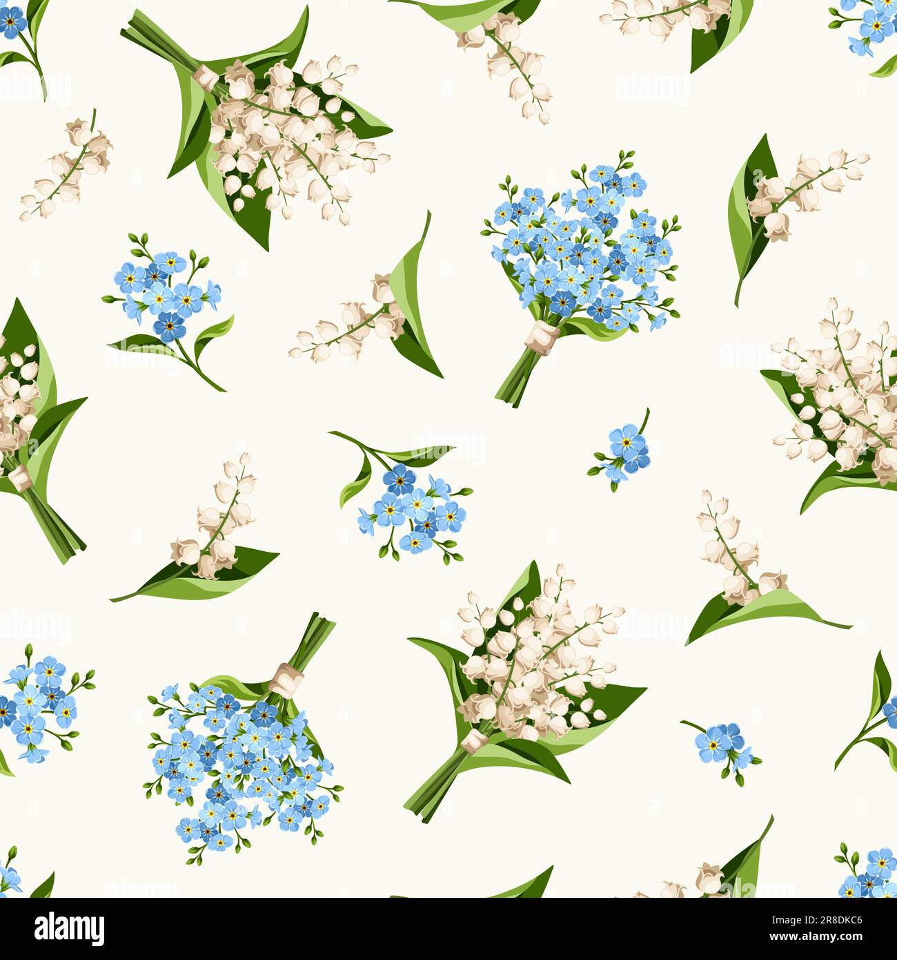 Seamless floral pattern with blue and white lily of the valley and forget-me-not flowers on an ivory background. Vector illustration Stock Vector