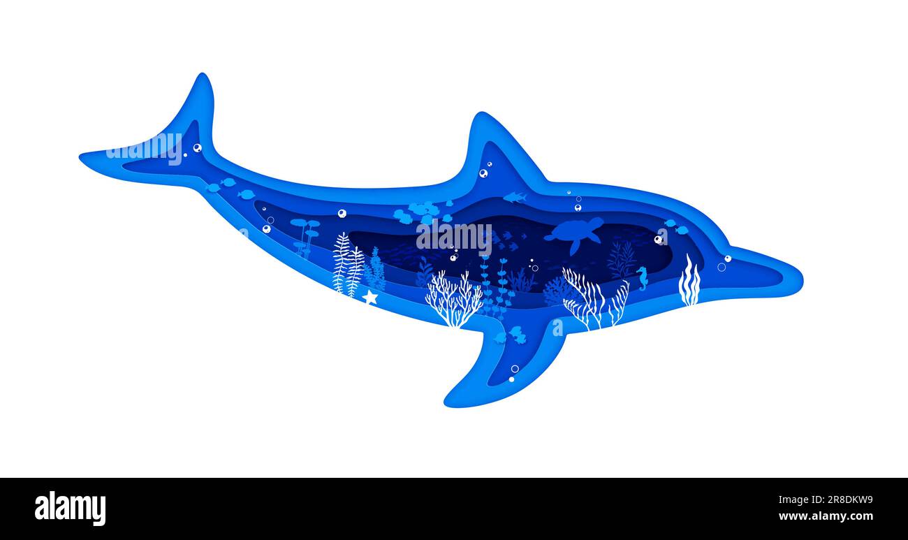 Dolphin silhouette with sea underwater paper cut landscape. 3d Vector frame  in shape of playful ocean animal body with serene and peaceful scene of  aquatic vegetation and fishes in blue water depth