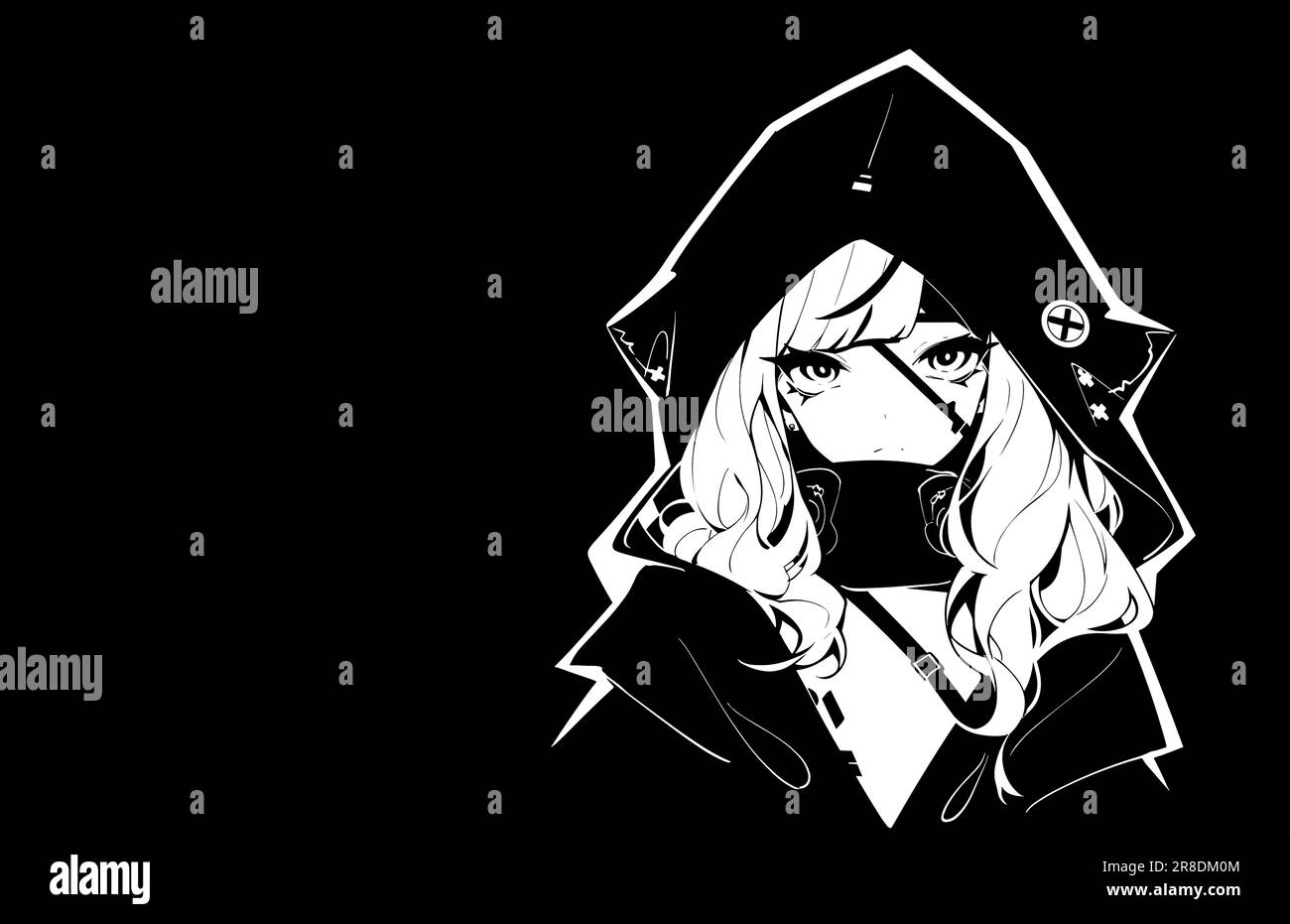 cute manga girl wearing a hoodie in black and white Stock Vector