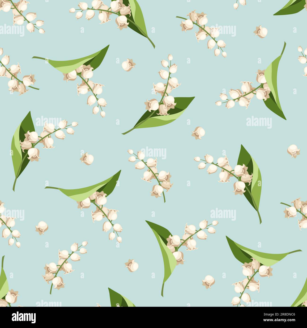 Seamless pattern with white lily of the valley flowers on a blue background. Vector illustration Stock Vector