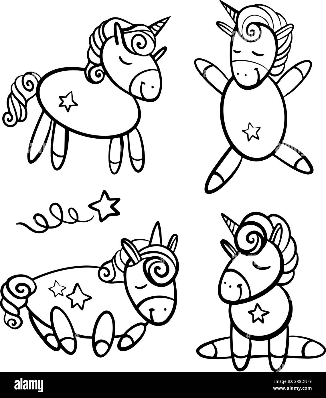 Unicorn vector. Horse sleep. Colored book. Sticker, icon isolated. Cute magic cartoon fantasy animal. Dream symbol. Design for children, baby room Stock Vector