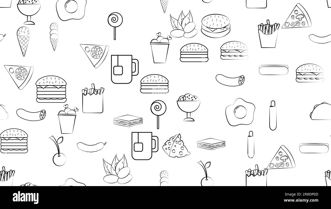 Black and white endless seamless pattern of food and snack items icons