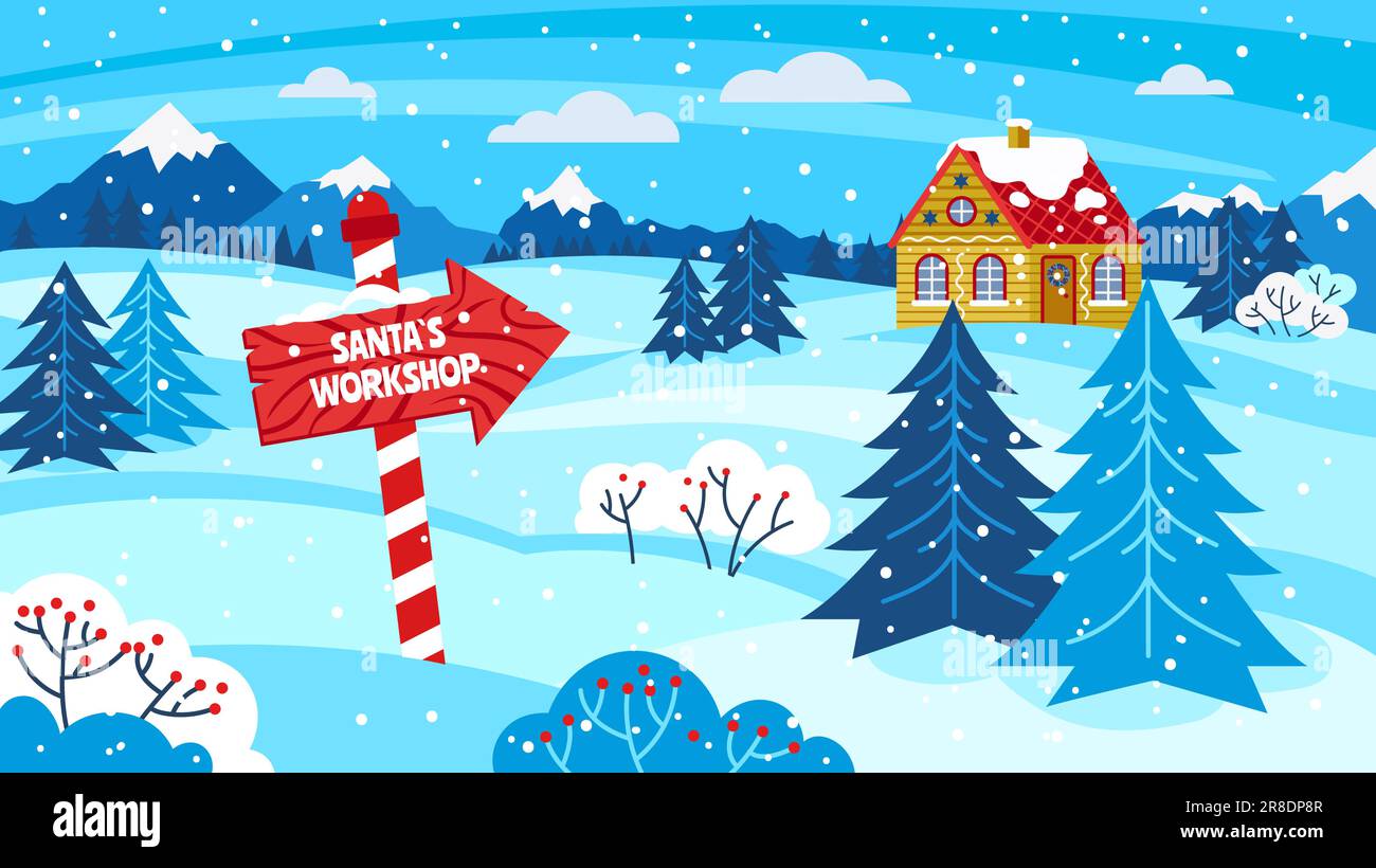 Santas Workshop. North Pole Christmas residence, elf village card for winter holidays cartoon vector illustration. Snowy landscape with evergreen plan Stock Vector