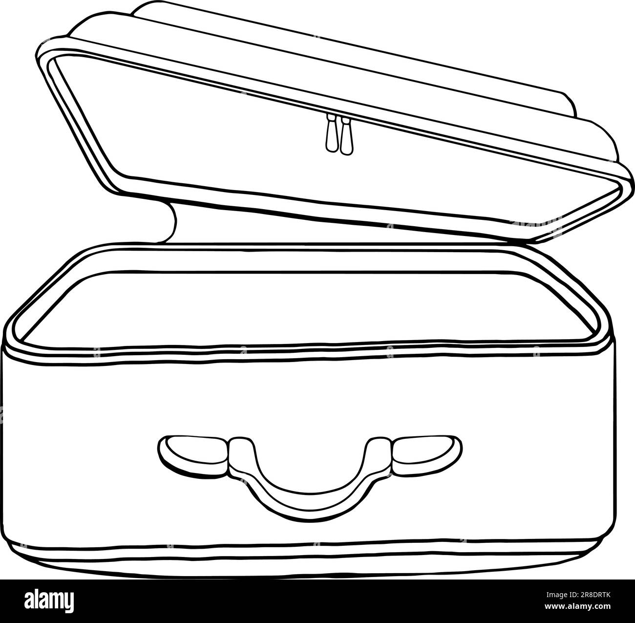 Vector illustration of an open suitcase. For website design, postcards, typography. Line drawing. From the collection JOURNEY OF THE RACCOON. Monochrome image. Vector illustration Stock Vector