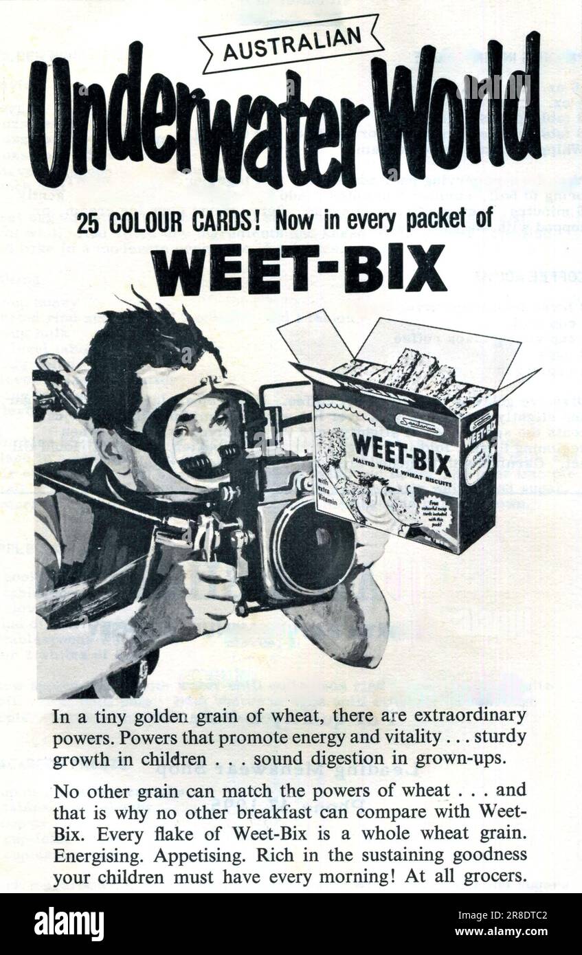 A 1960's advertisement for Weet-Bix breakfast cereal featuring coloured photograph collector cards. Weet-Bix is an Australian breakfast cereal produced by the Sanitarium Health Food Company. SHFC bought the rights to the product from two Australians, one of whom invented the product in 1920. Weet-Bix is now sold in the USA, Canada and NZ and also England under the name Weetabix. Stock Photo