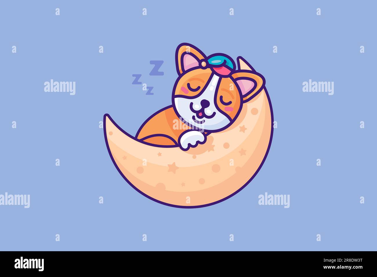 Little cute kid dog sleeps sweetly in crescent moon bed. Peaceful rest of baby animal. Vector cartoon illustration in thick stroke isolated on lilac n Stock Vector