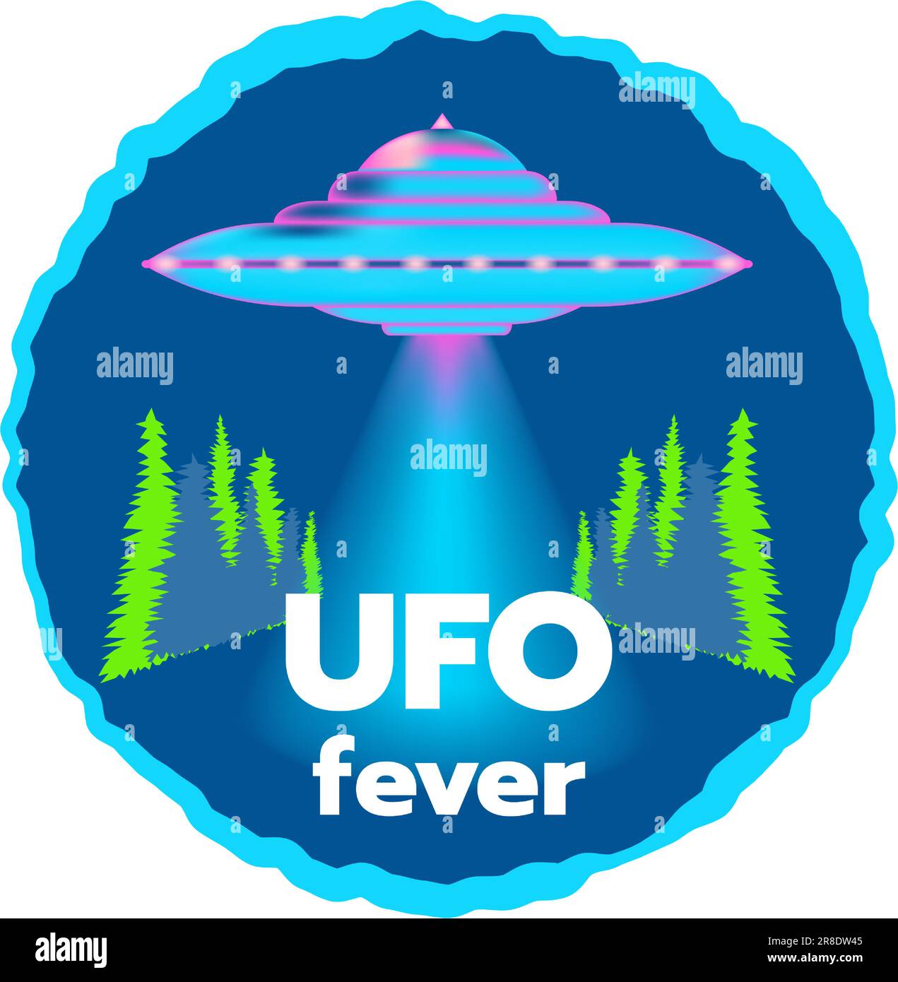 Round badge, print, poster with neon flying saucer. Postcard with