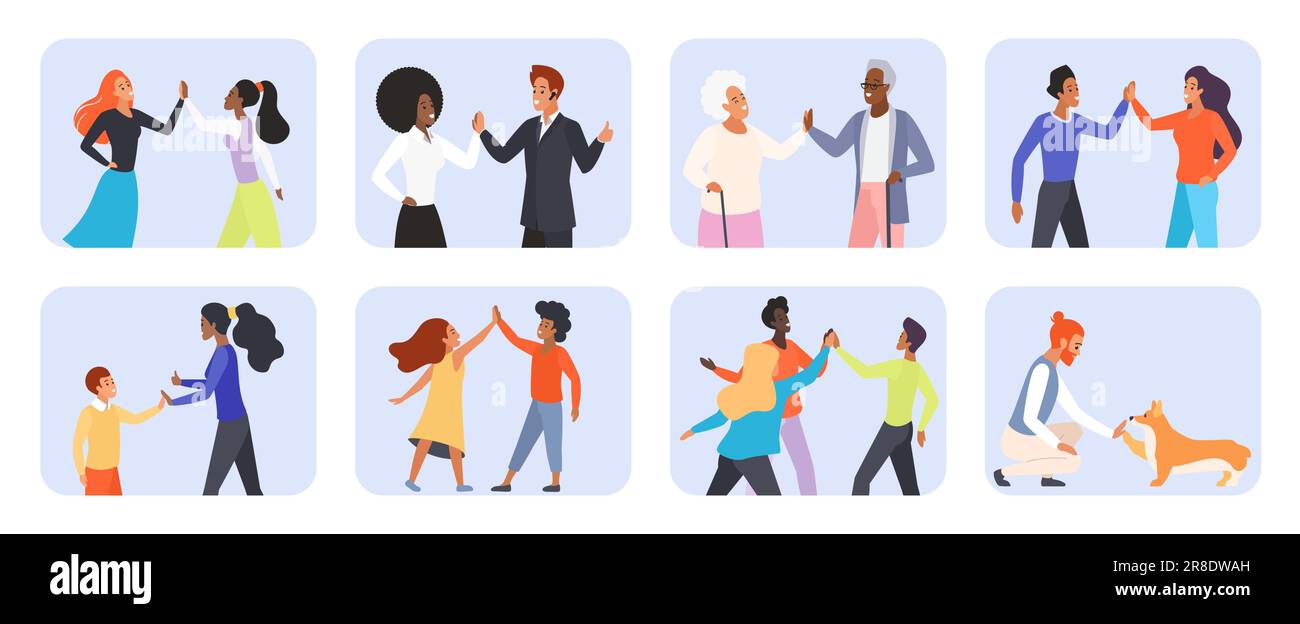 People giving high five, support gestures set vector illustration ...