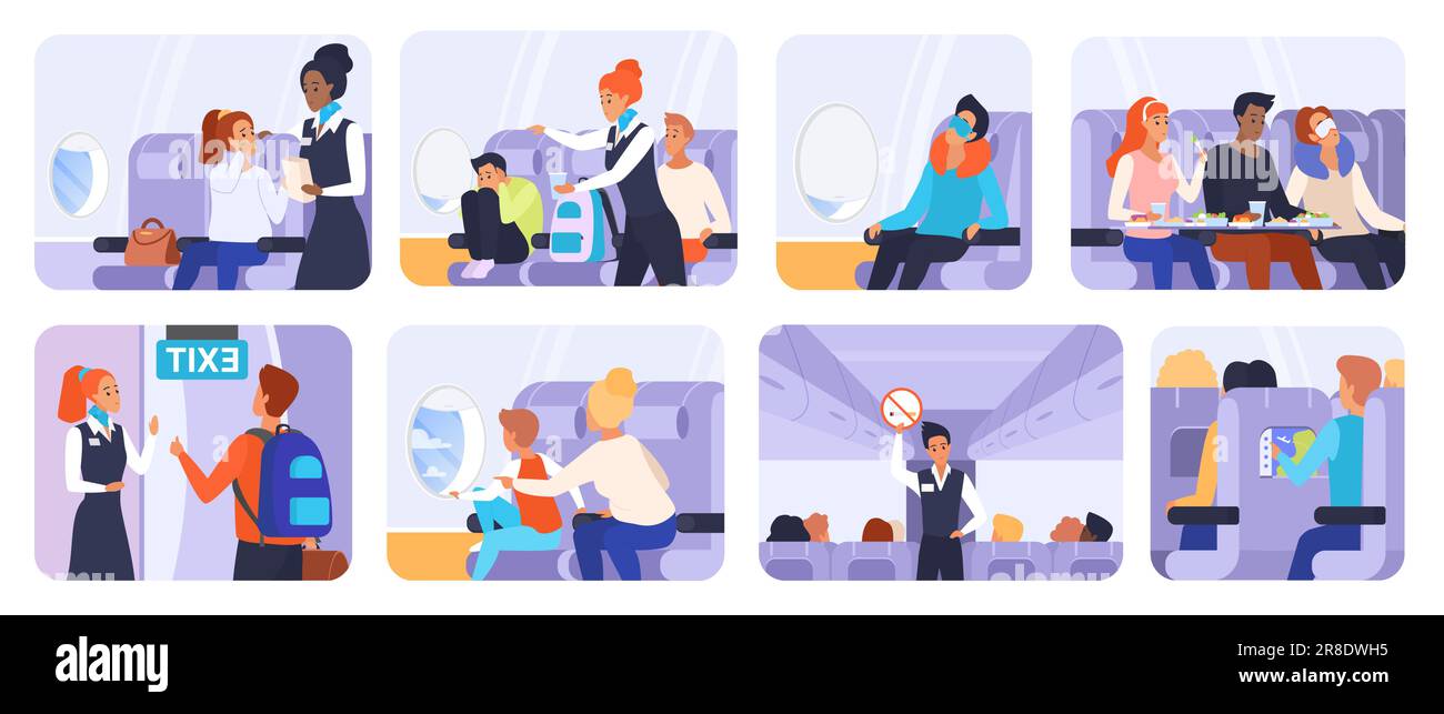 Depicting passengers traveling by plane. Isolated cartoon scenes inside the aircraft cabin, showcasing people seated, stewardess and crew providing service and airline instructions vector illustration Stock Vector