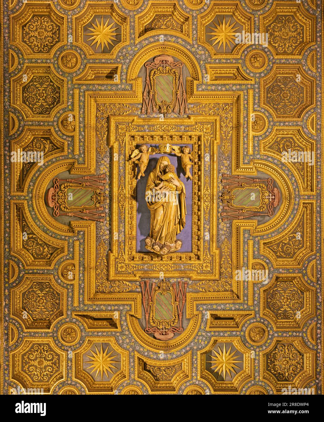 NAPLES, ITALY - APRIL 20, 2023: The statue of Madonna from coffered ceiling of  Basilica santuario di Santa Maria del Carmine Maggiore Stock Photo