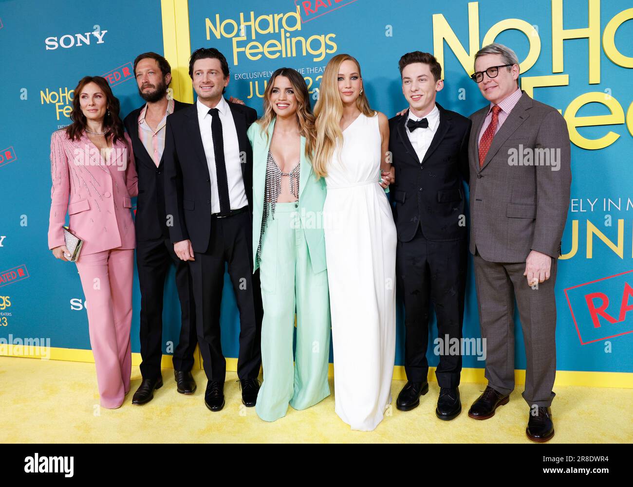 New York, United States. 20th June, 2023. Laura Benanti, Ebon Moss-Bachrach, Gene Stupnitsky, Natalie Morales, Jennifer Lawrence, Andrew Feldman and Matthew Broderick arrive on the red carpet for the Sony Pictures' 'No Hard Feelings' premiere at AMC Lincoln Square Theater on Tuesday, June 20, 2023 in New York City. Photo by John Angelillo/UPI Credit: UPI/Alamy Live News Stock Photo