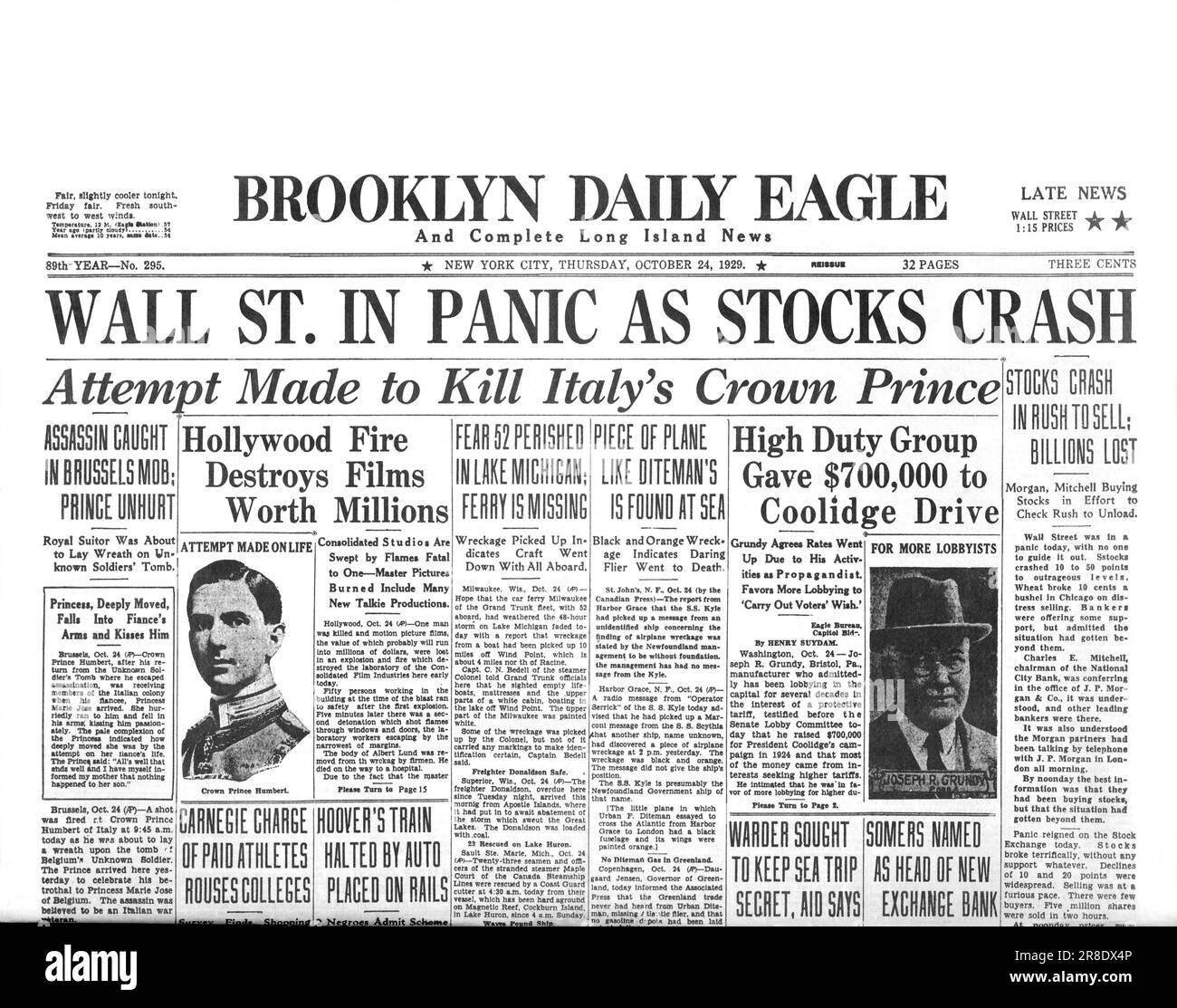 New York, New York: October 24, 1929. The Brooklyn Daily Eagle headlines for Black Thursday, the first day of the stock market crash of 1929. Stock Photo