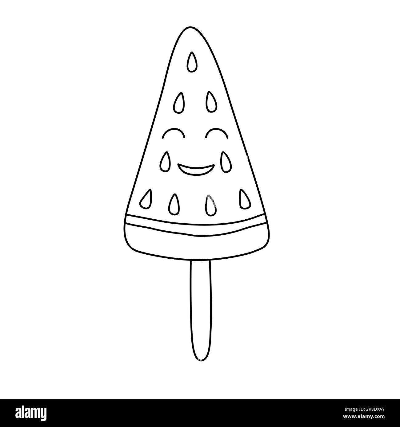 Watermelon cute cartoon character ice cream with face, doodle style flat vector outline illustration for kids coloring book Stock Vector