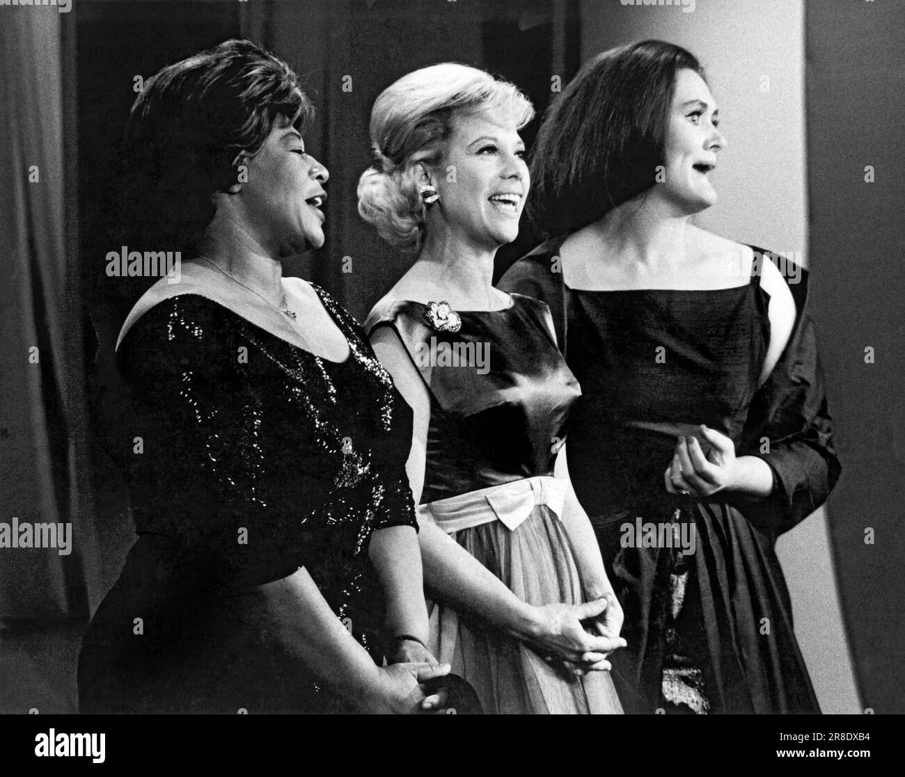 New York, New York:  1963. L-R: Ella Fitzgerald, Dinah Shore, Joan Sutherland perform on the Dinah Shore Chevy Show, Stock Photo