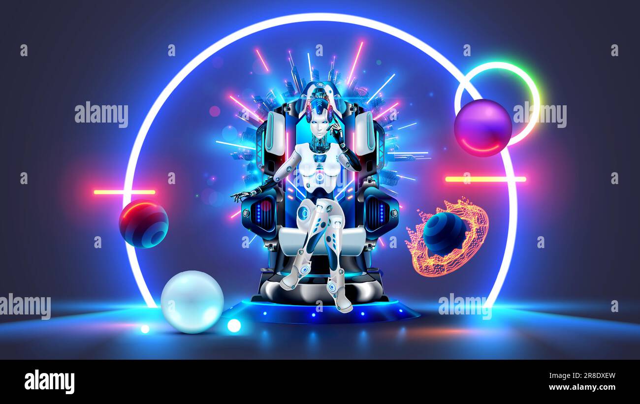 AI rules world. Robot female queen sits on throne. Beautiful cyborg woman with AI in armchair on podium in cyberspace. Artificial intelligence capture Stock Vector