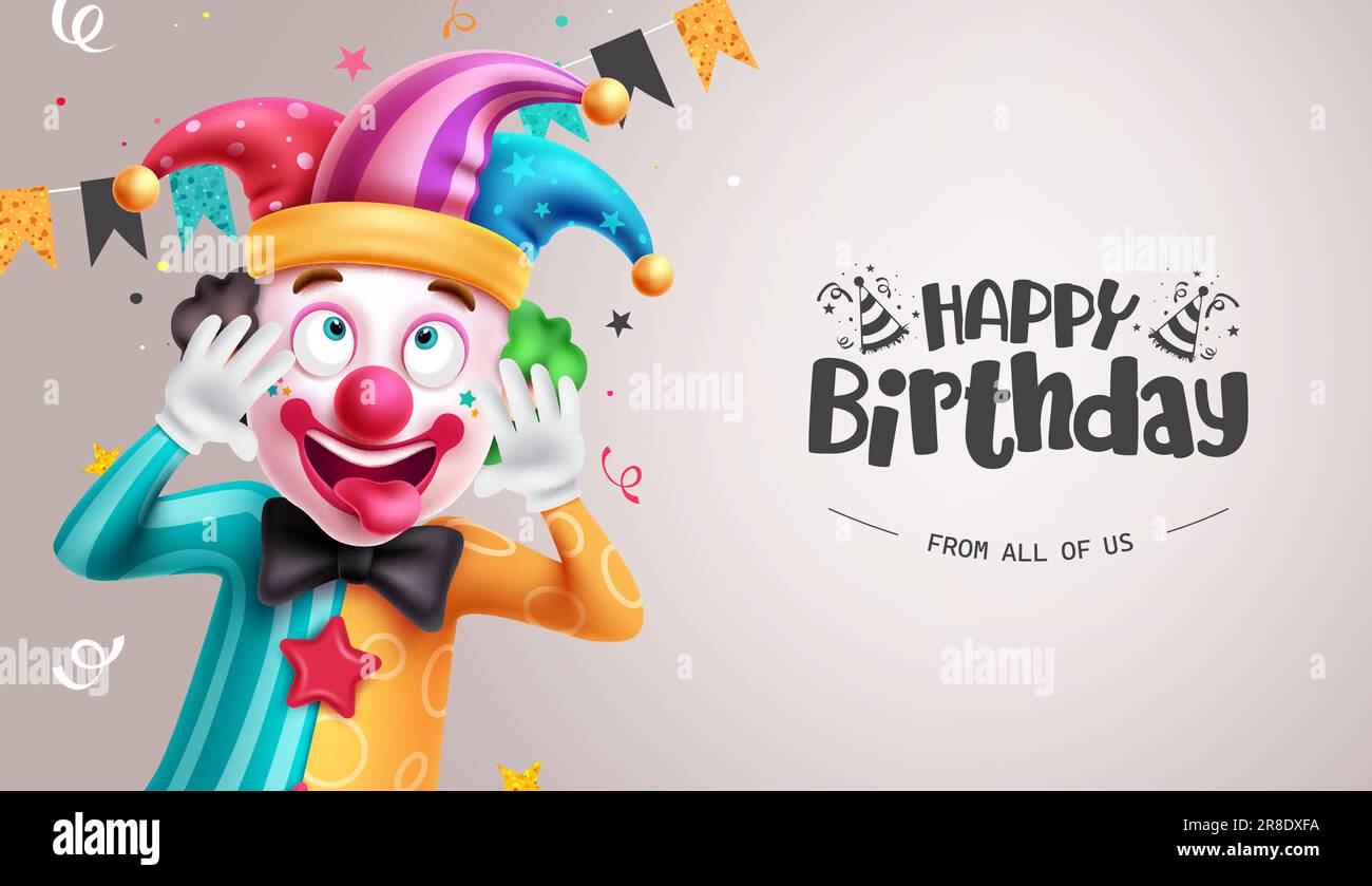 Happy birthday text vector template. Birthday clown, comedian and