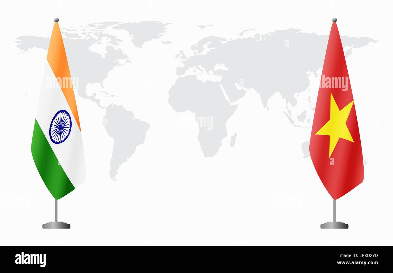 India and Vietnam flags for official meeting against background of