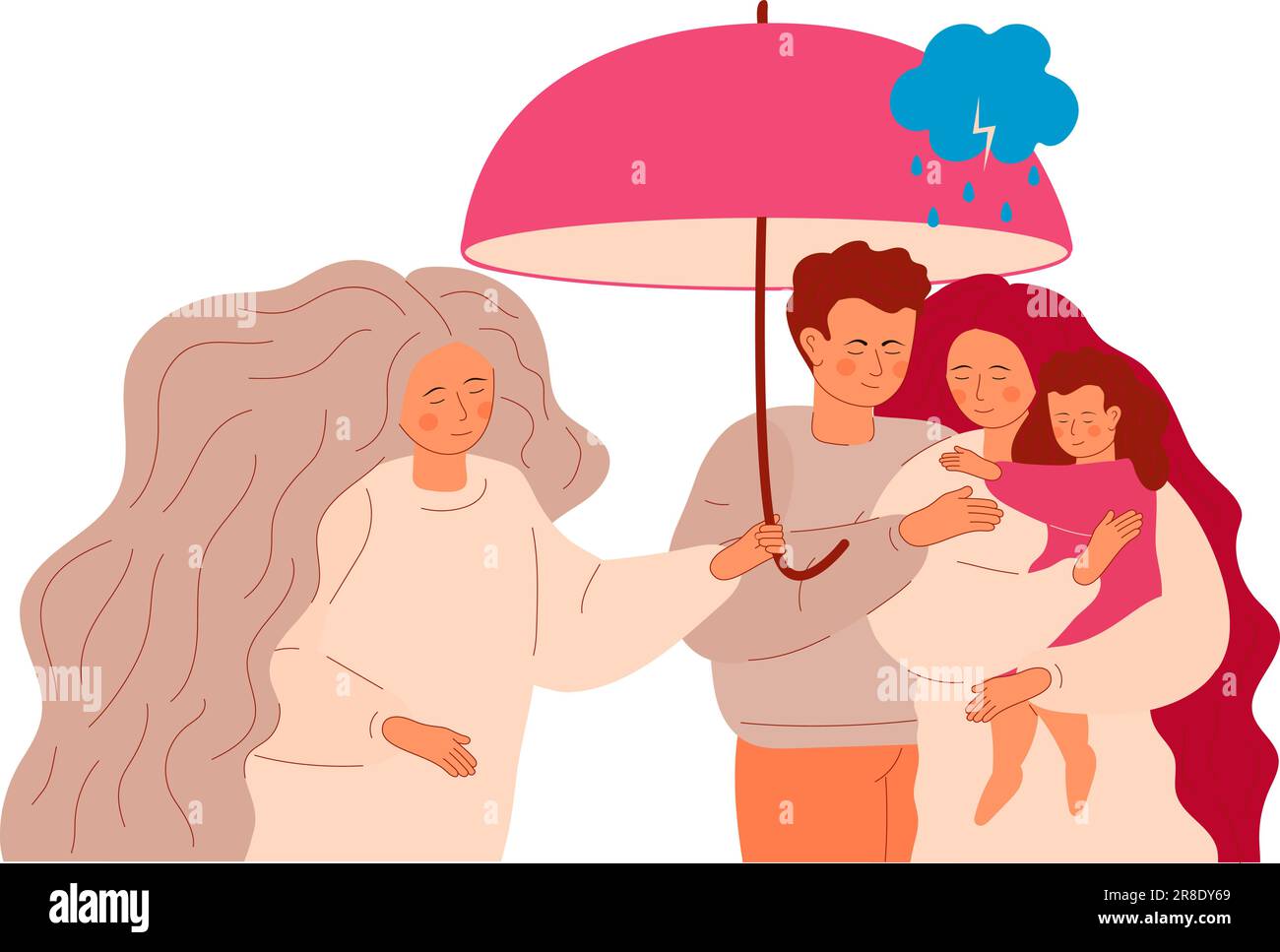 Online psychology help for family. Family doctor of psychiatry taking umbrella and protect from rain. Stock Vector
