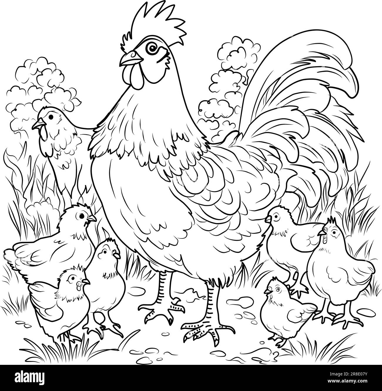 Bird farm coloring page. Hens and chicks linear illustration for
