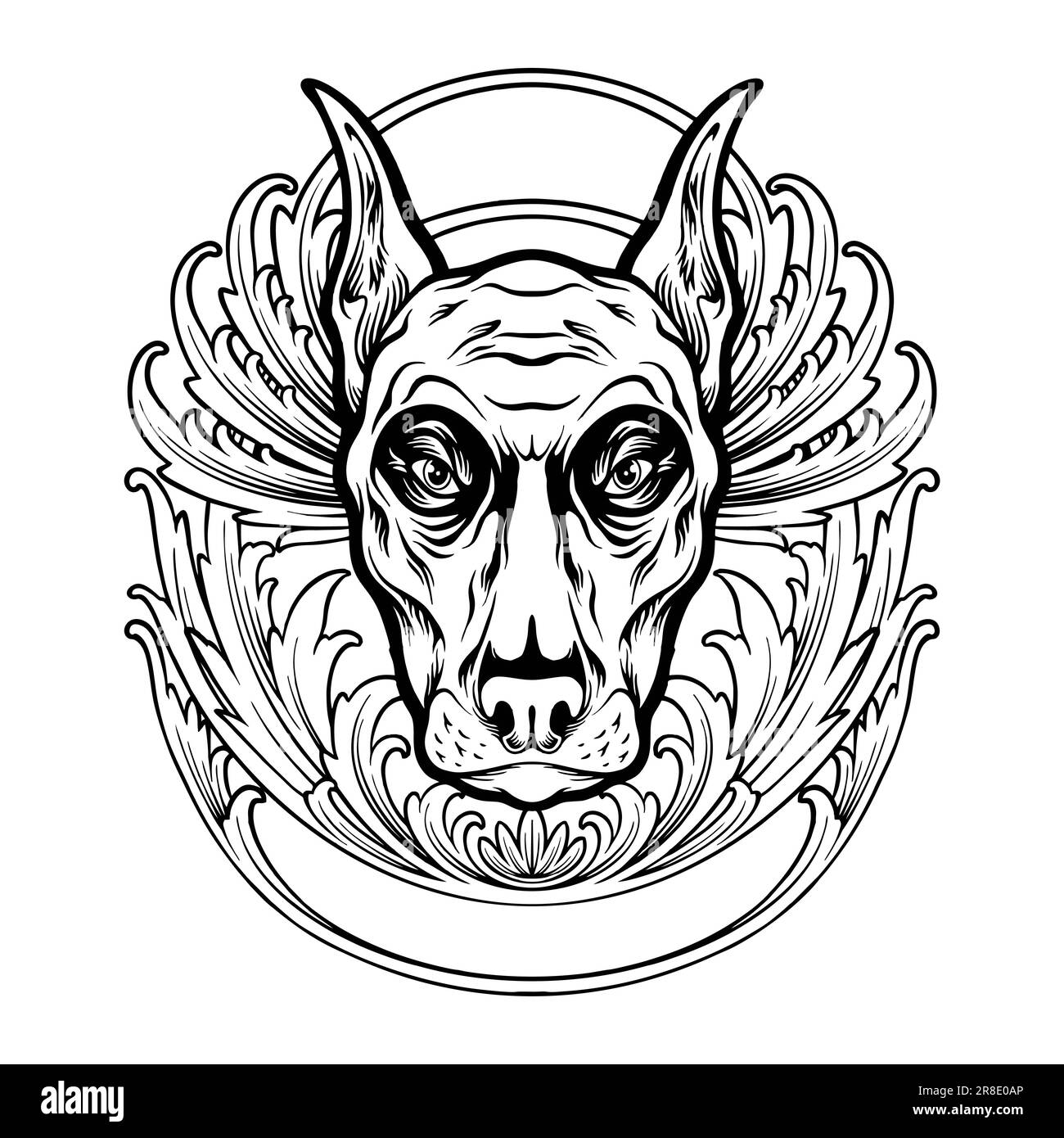Regal canine doberman dog head with vintage floral frame outline vector illustrations for your work logo, merchandise t-shirt, stickers and label desi Stock Photo