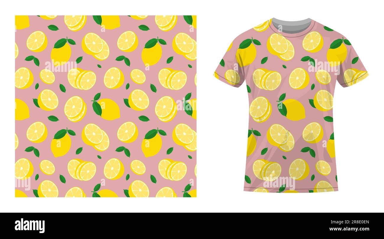 Short sleeved cotton sports t shirt decorated seamless pattern with lemon with piece of citrus. Lemon with zest and leaves. Comfortable summer clothes Stock Vector