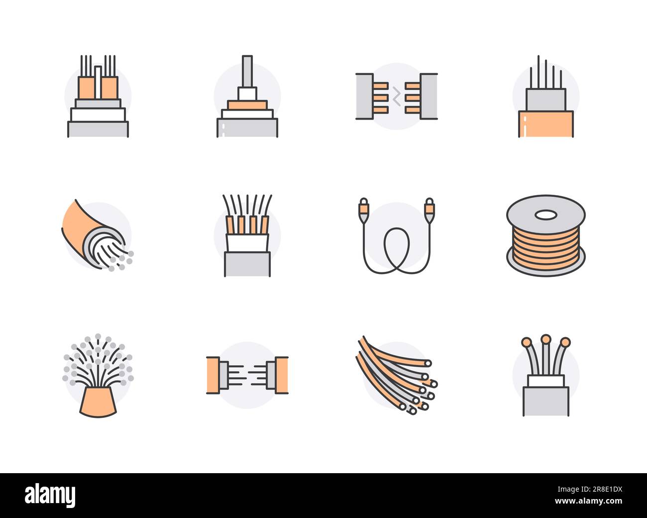 Optical fiber flat line icons. Network connection, computer wire, cable bobbin, data transfer. Thin signs for electronics store, internet services Stock Vector