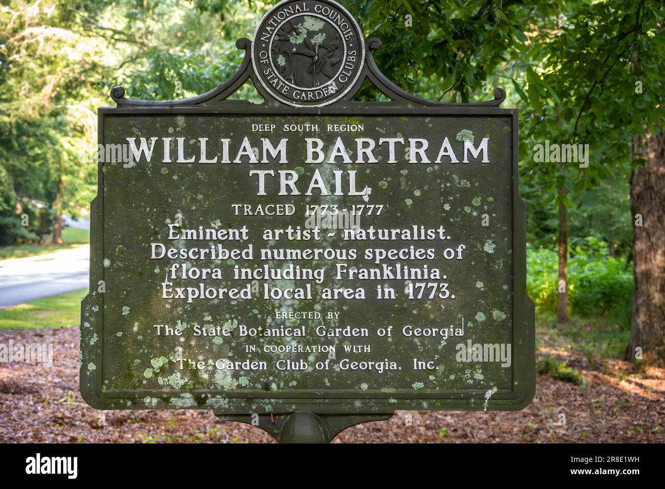 William Bartram Trail marker at the State Botanical Garden of Georgia marking the 1773 journey of American naturalist William Bartram. (USA) Stock Photo