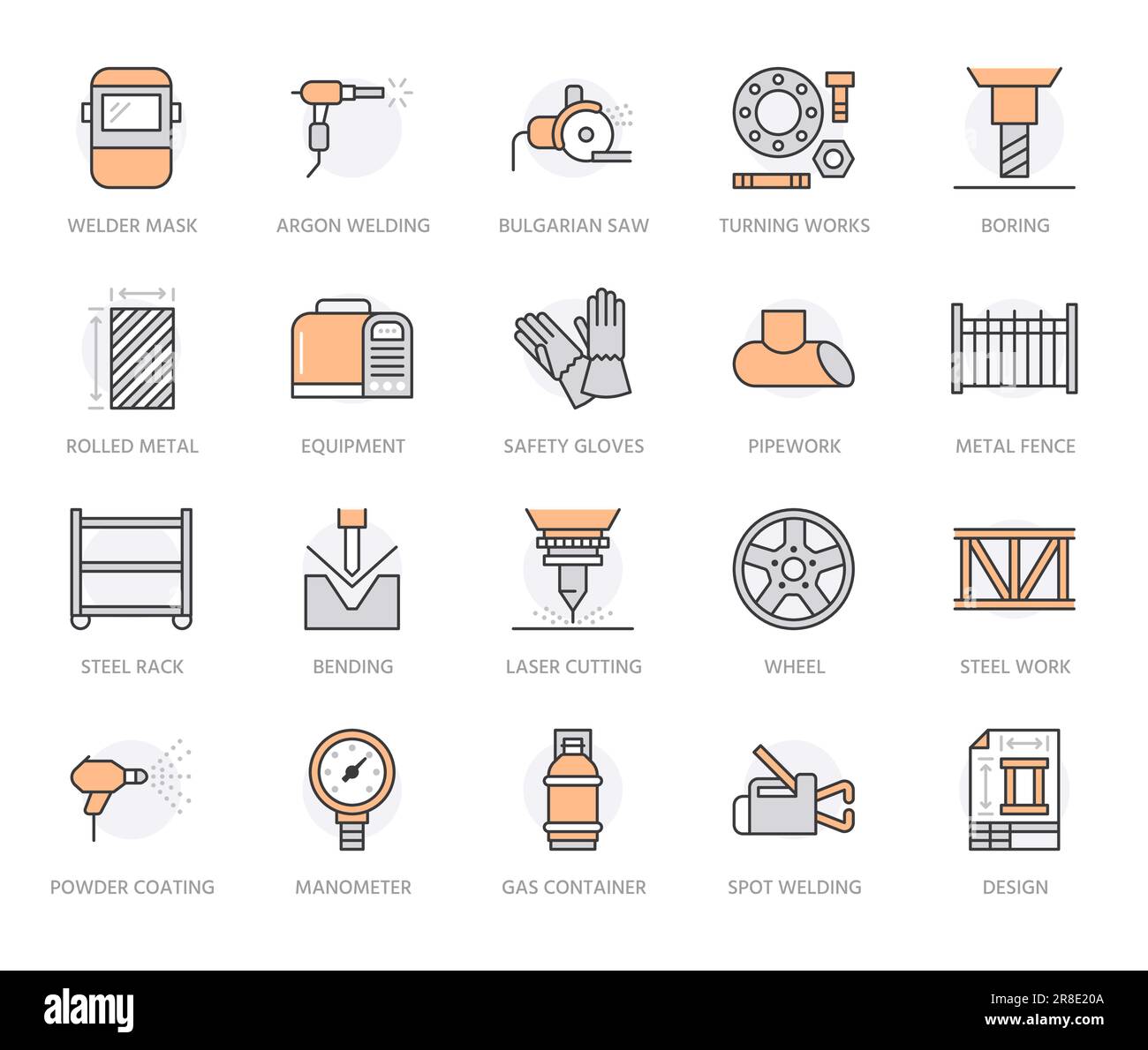 Welding services flat line icons. Rolled metal products, steelwork, stainless steel laser cutting, turning works, safety equipment. Industry thin Stock Vector