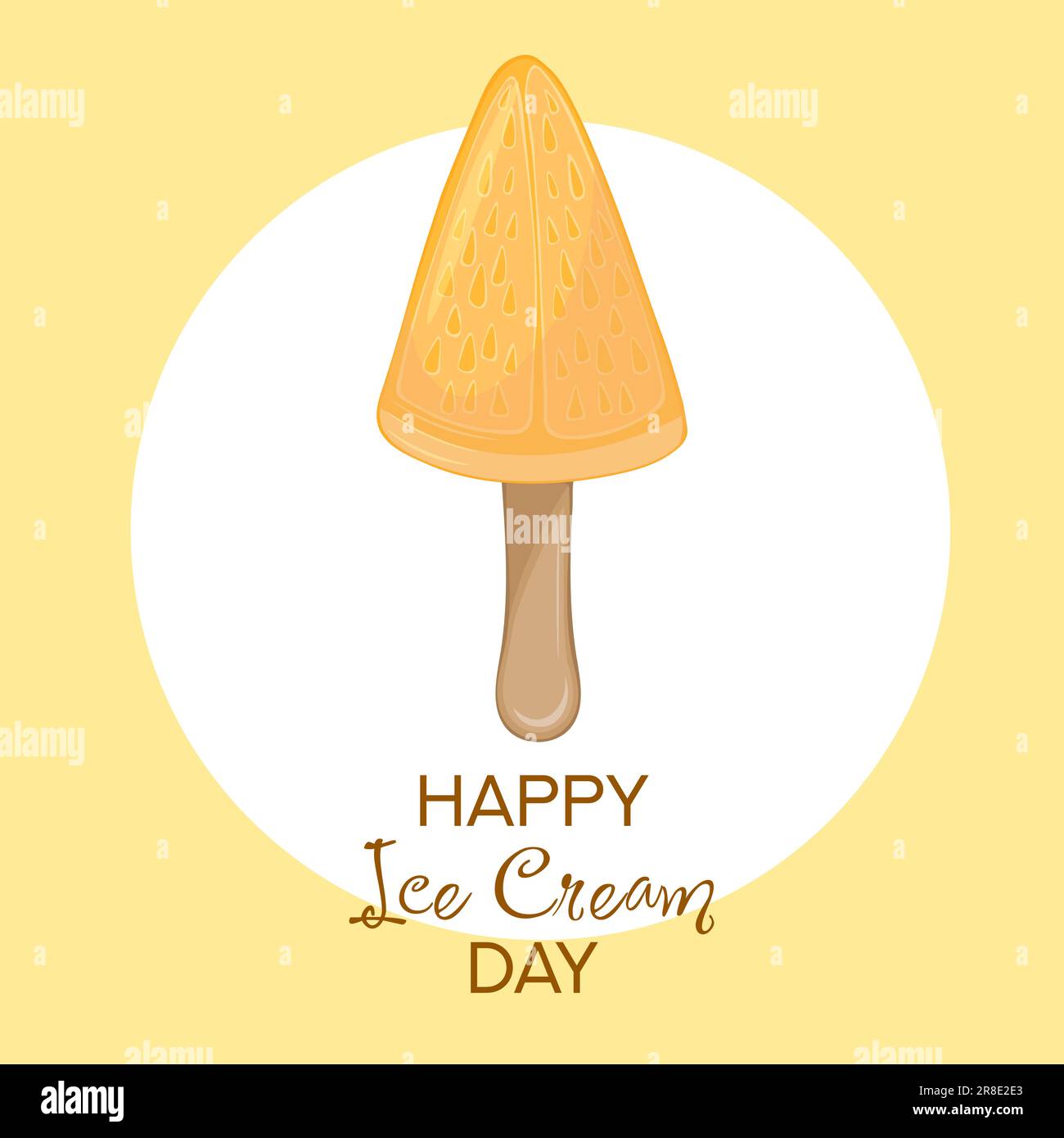 Happy National Ice Cream Day card. Hand-drawn vector illustration of fruit orange ice cream on a stick. Stock Vector
