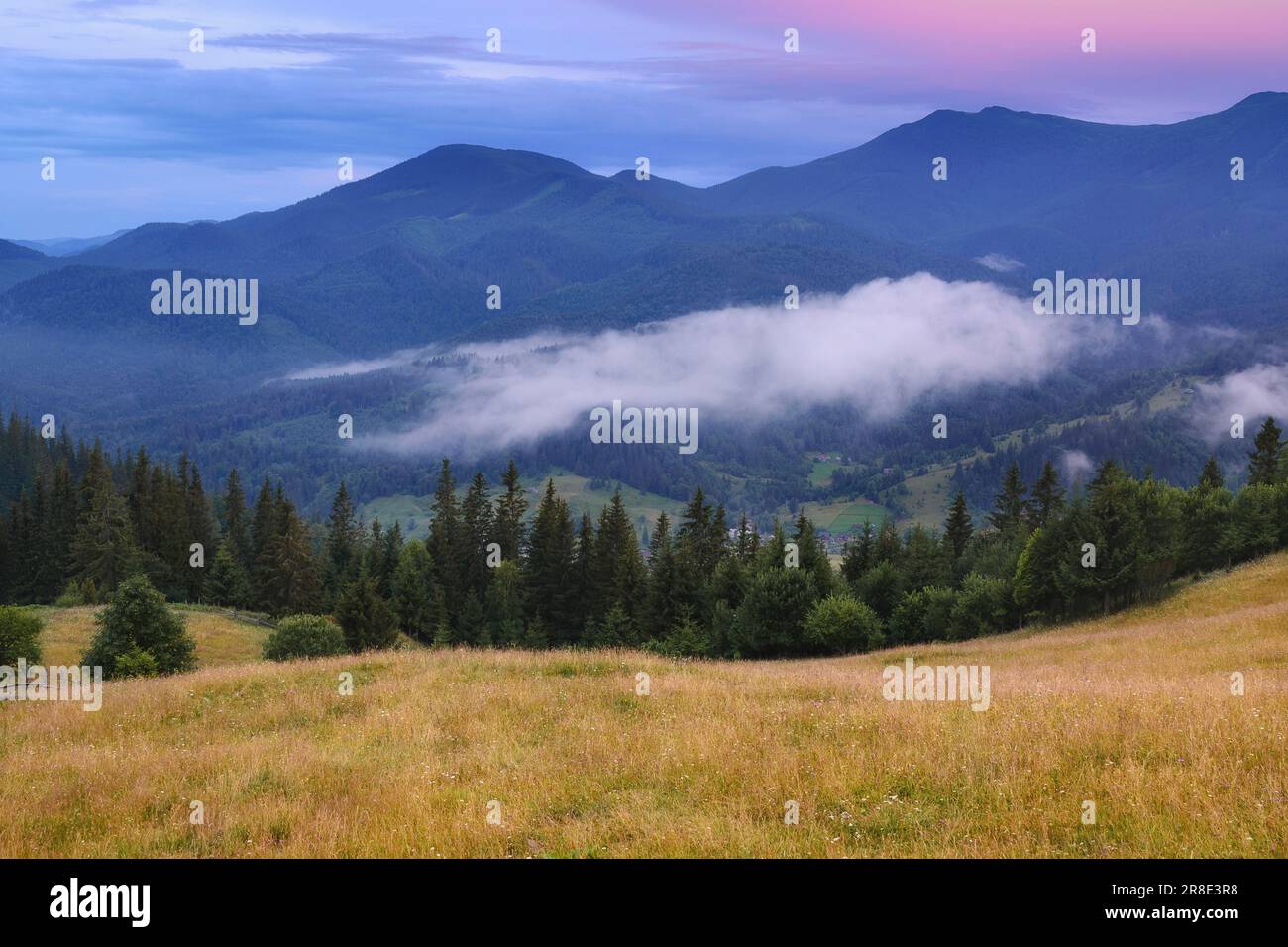 Ukraine, Ivano Frankivsk region, Verkhovyna district, Dzembronya village, Rolling landscape in Carpathian Mountains Stock Photo
