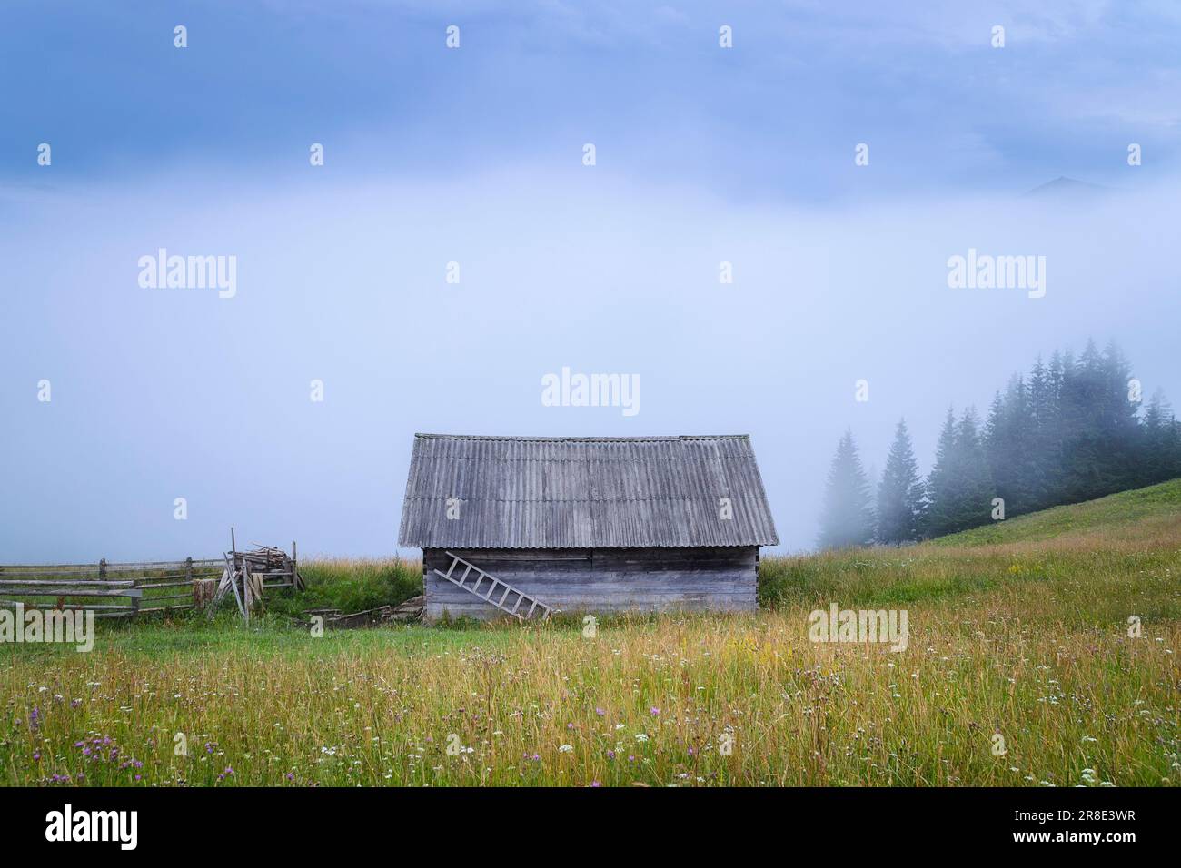 Ukraine, Ivano Frankivsk region, Verkhovyna district, Dzembronya village, Wooden hut in Carpathian Mountains Stock Photo