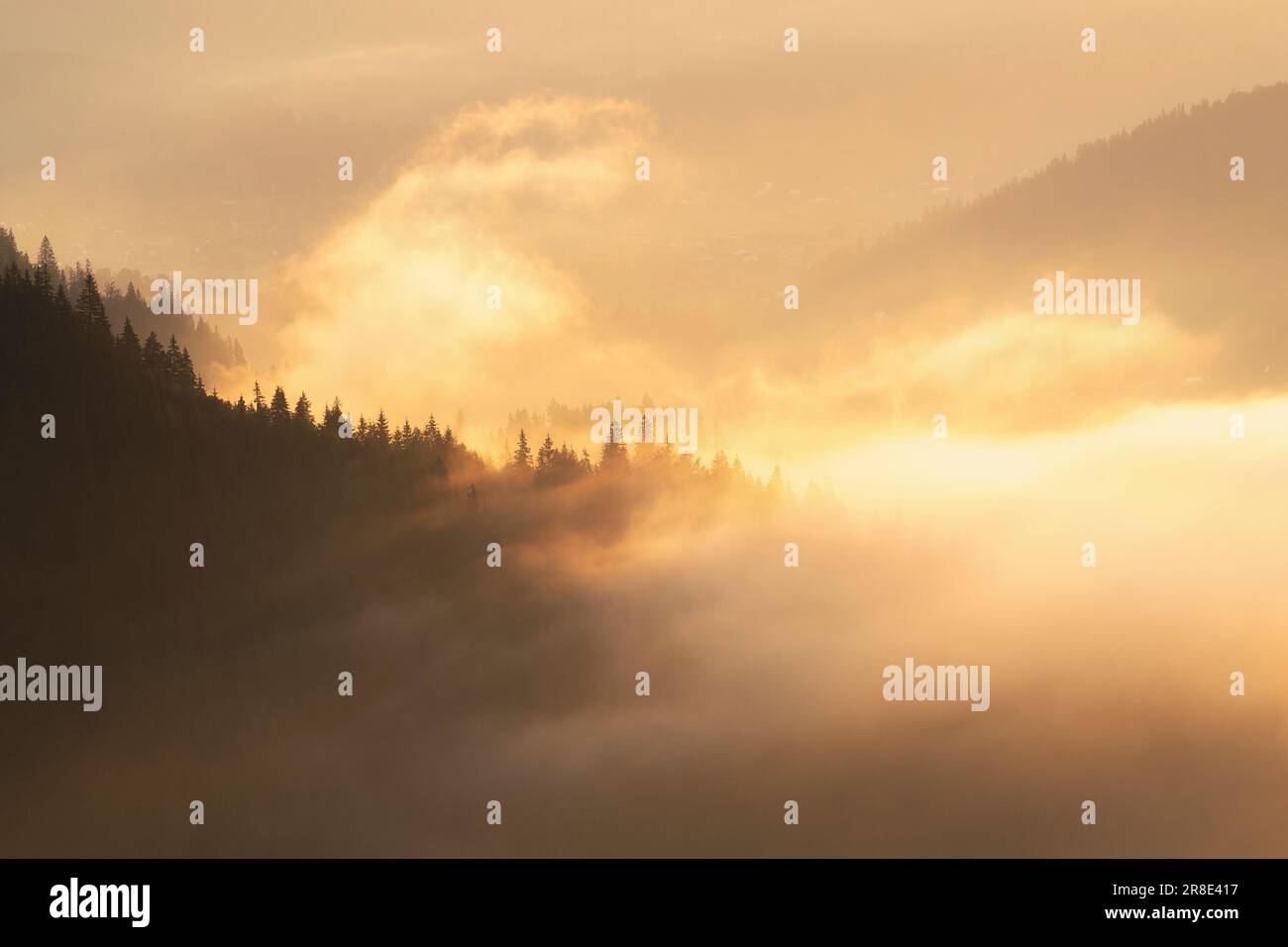 Ukraine, Ivano Frankivsk region, Verkhovyna district, Dzembronya village, Foggy Carpathian Mountains landscape at sunset Stock Photo