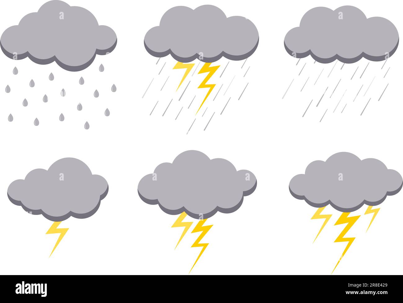 Clouds with rainy weather icon set isolated on white background. Illustration of light rain, shower, lightning thunder and thunderstorm. Rainy cloud v Stock Vector