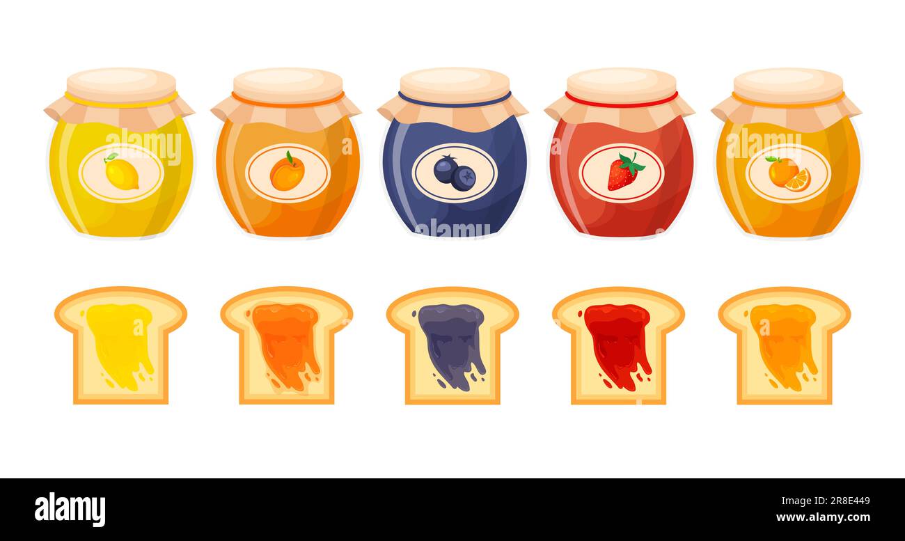 Set of fruit jams in a glass jars. Jelly or marmalade with toast bread