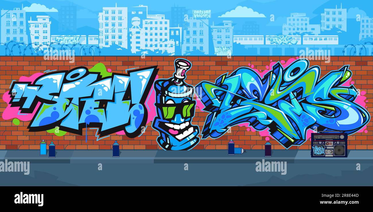 Colorful Outdoor Urban Streetart Graffiti Wall With Drawings Against