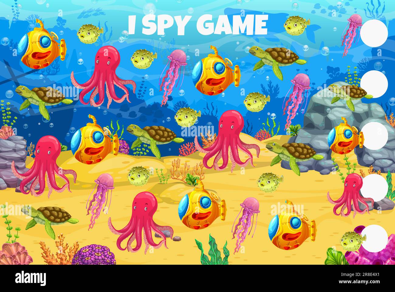 I spy game. Cartoon sea animals, fish, submarine and underwater