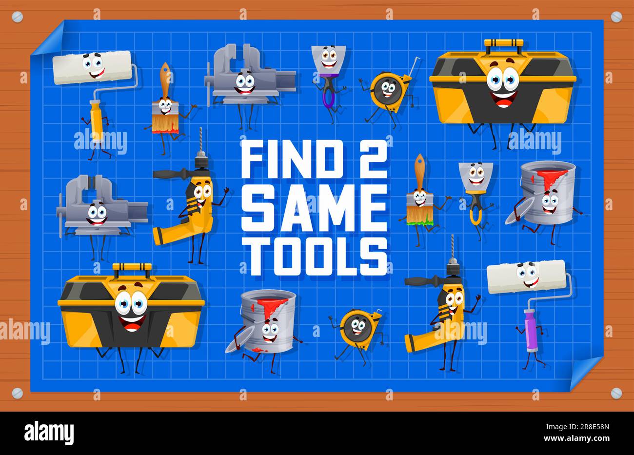 Find two same cartoon repair and DIY work tool characters, vector