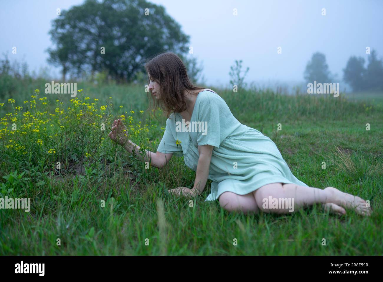 Woman looking at flowers in meadow on foggy day Stock Photo