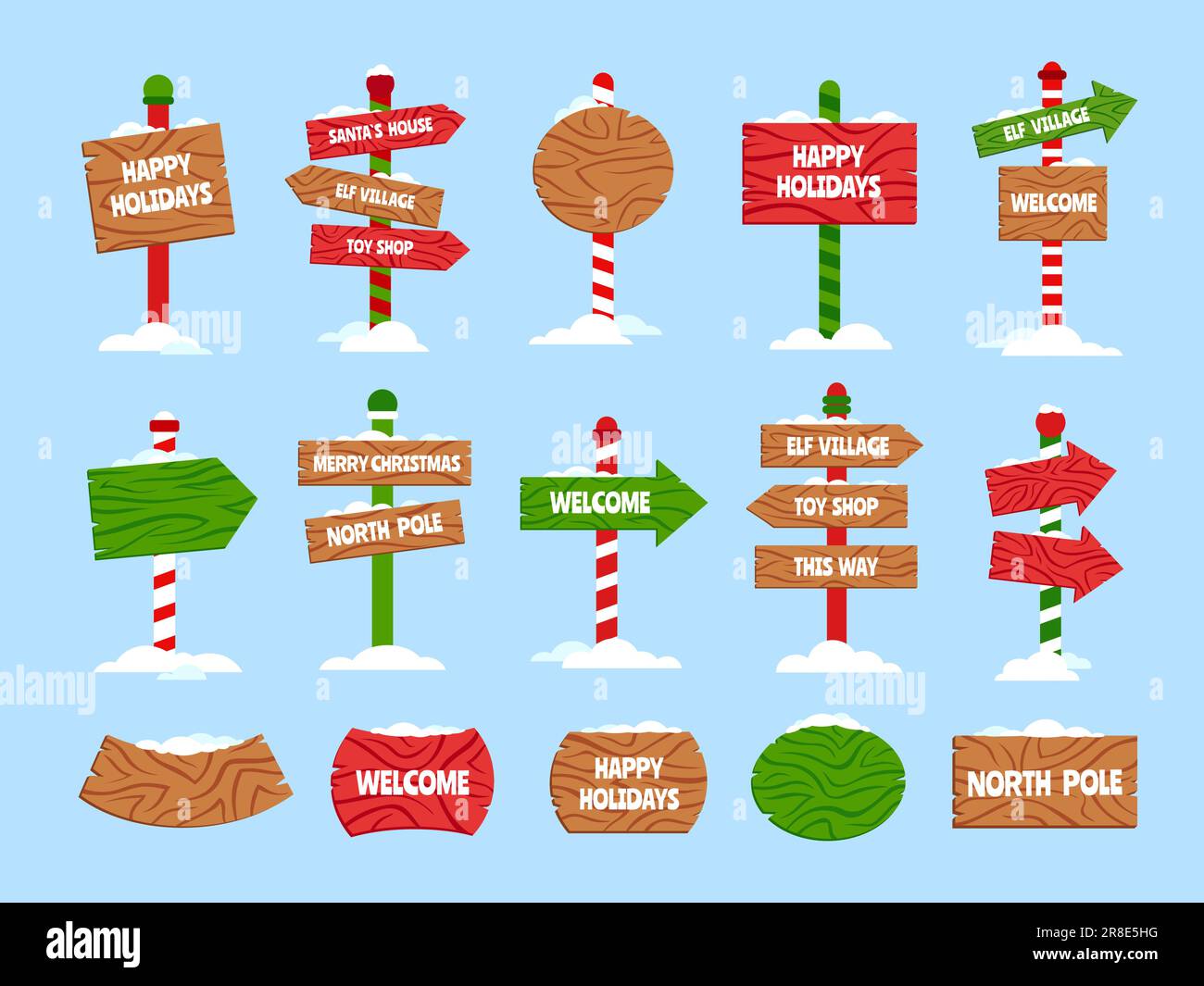 Snowy Christmas wooden signs. Happy winter holidays, Santas house, Xmas elf village, toy shop and welcome pointers with snow caps cartoon vector set. Stock Vector