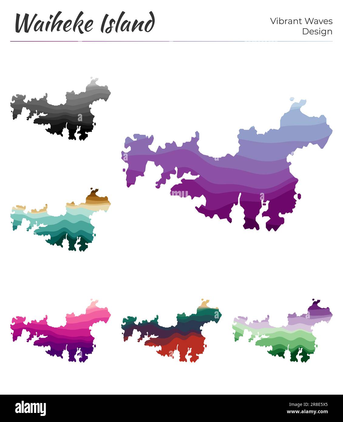 Set of vector maps of Waiheke Island. Vibrant waves design. Bright map ...
