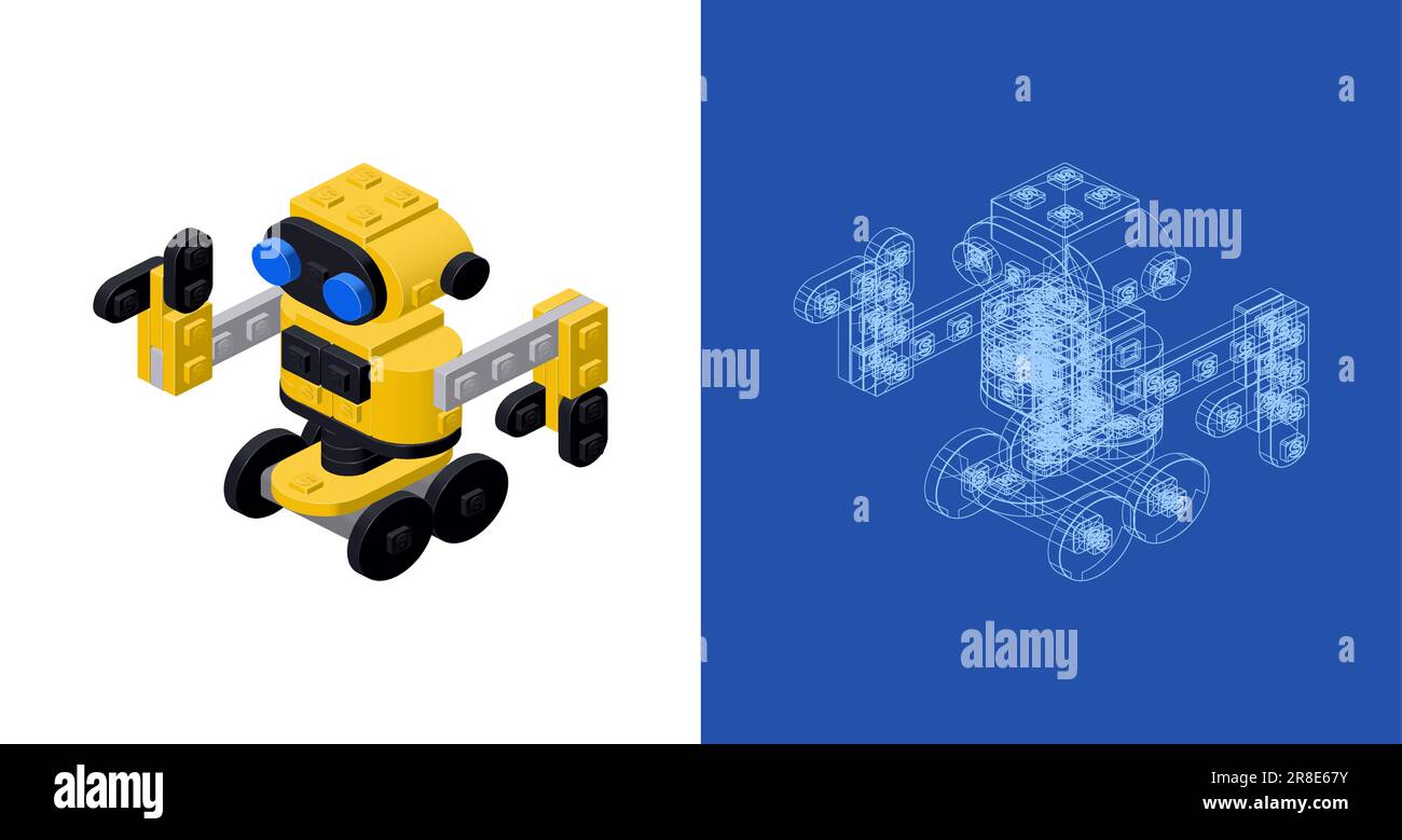 Set of yellow robot with a project assembled from plastic blocks in ...