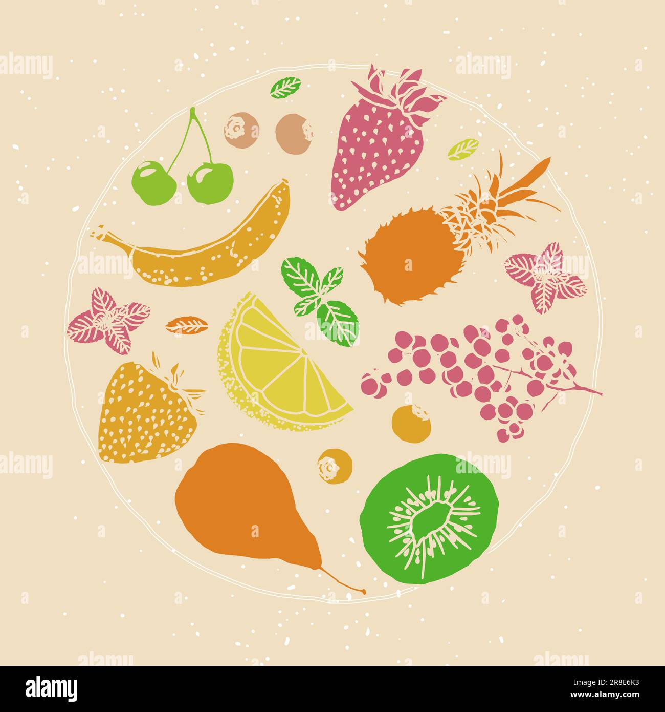 Fruit illustration sketch style retro colors circle composition vector Stock Vector