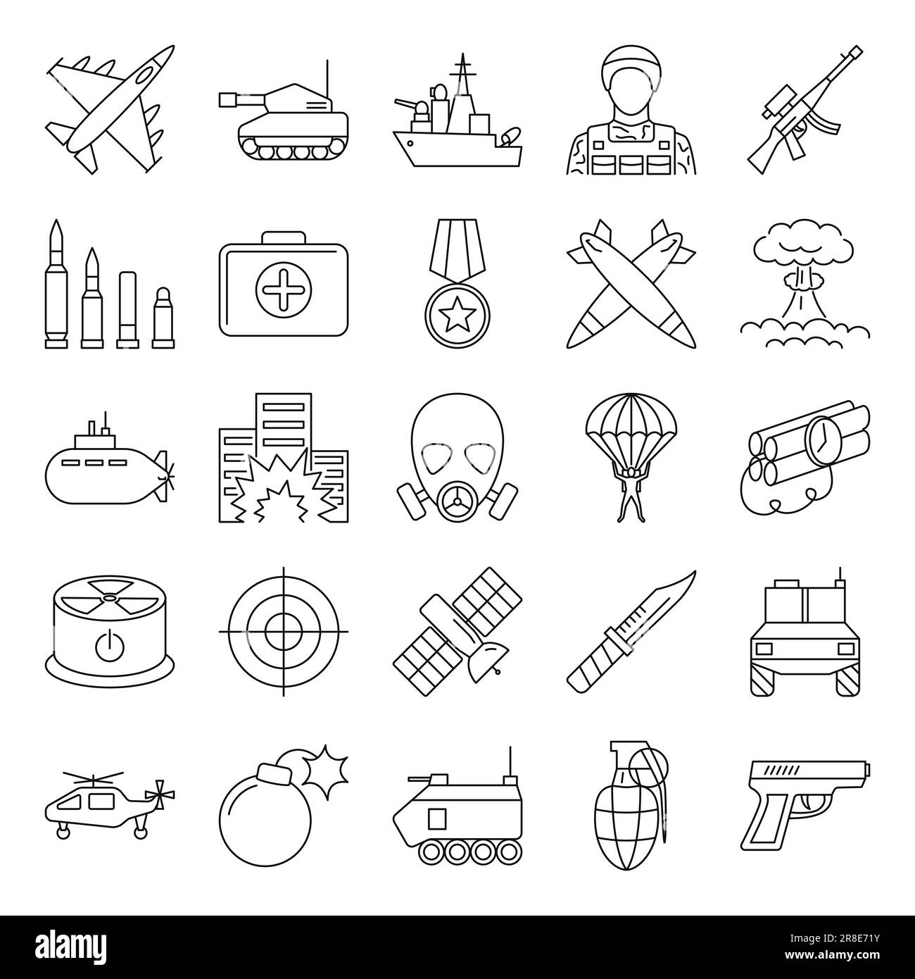 War and military line icon set. Army, transport and weapons symbols. Vector illustration. Stock Vector